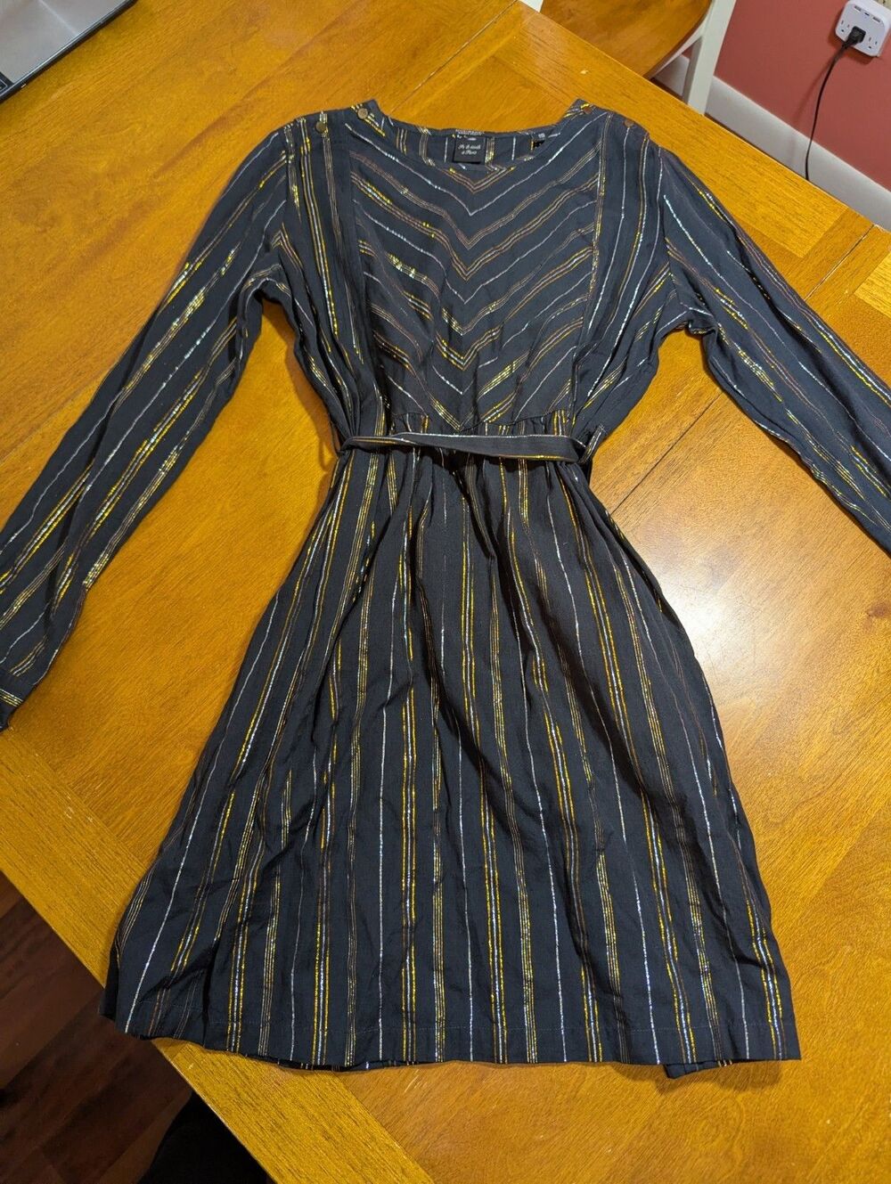 Scotch & Soda Maison Scotch Metallic Stripe Belted Dress Set w/ Slip Lined Black